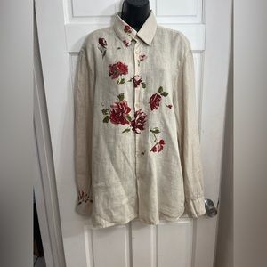 Floral Embroidered Button-Down Linen Shirt - Cream with Red Roses